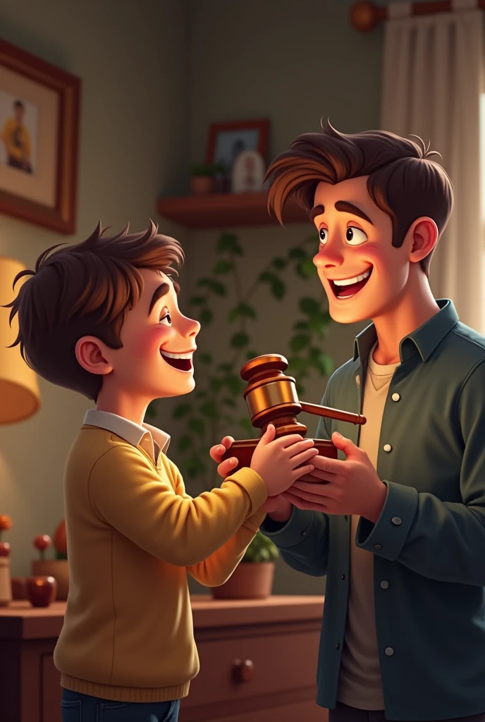 Happy son presents father with an auctioneer's gavel