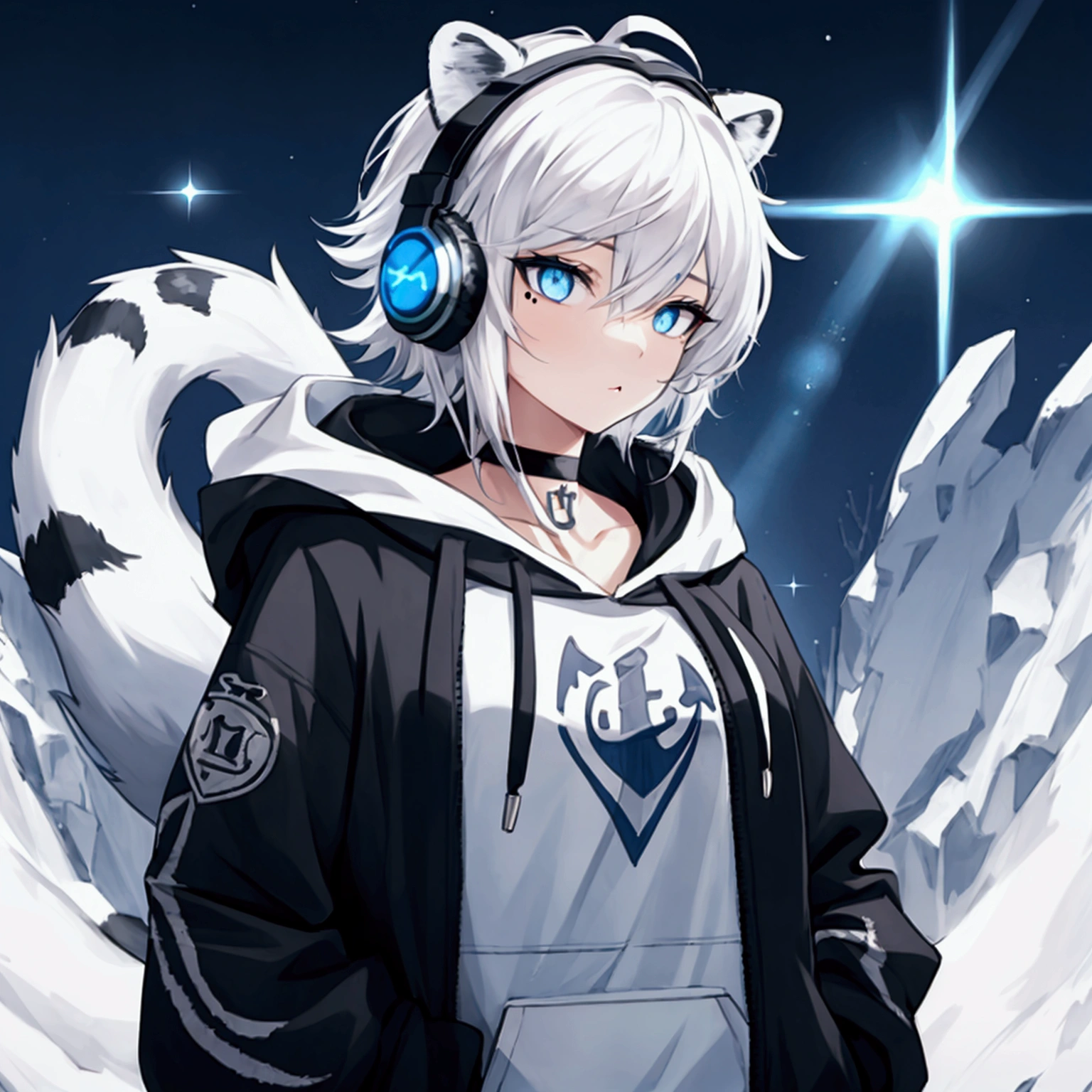 Woman, White Hair, Bangs, Messy Hair, Snow Leopard Ears, Snow Leopard Tail,Blue eyes, Slit Pupils, Mole Under Mouth, Anchor Choker, Headphones, Anatomically Correct, Accurate, Detail, HD, Hoodie,