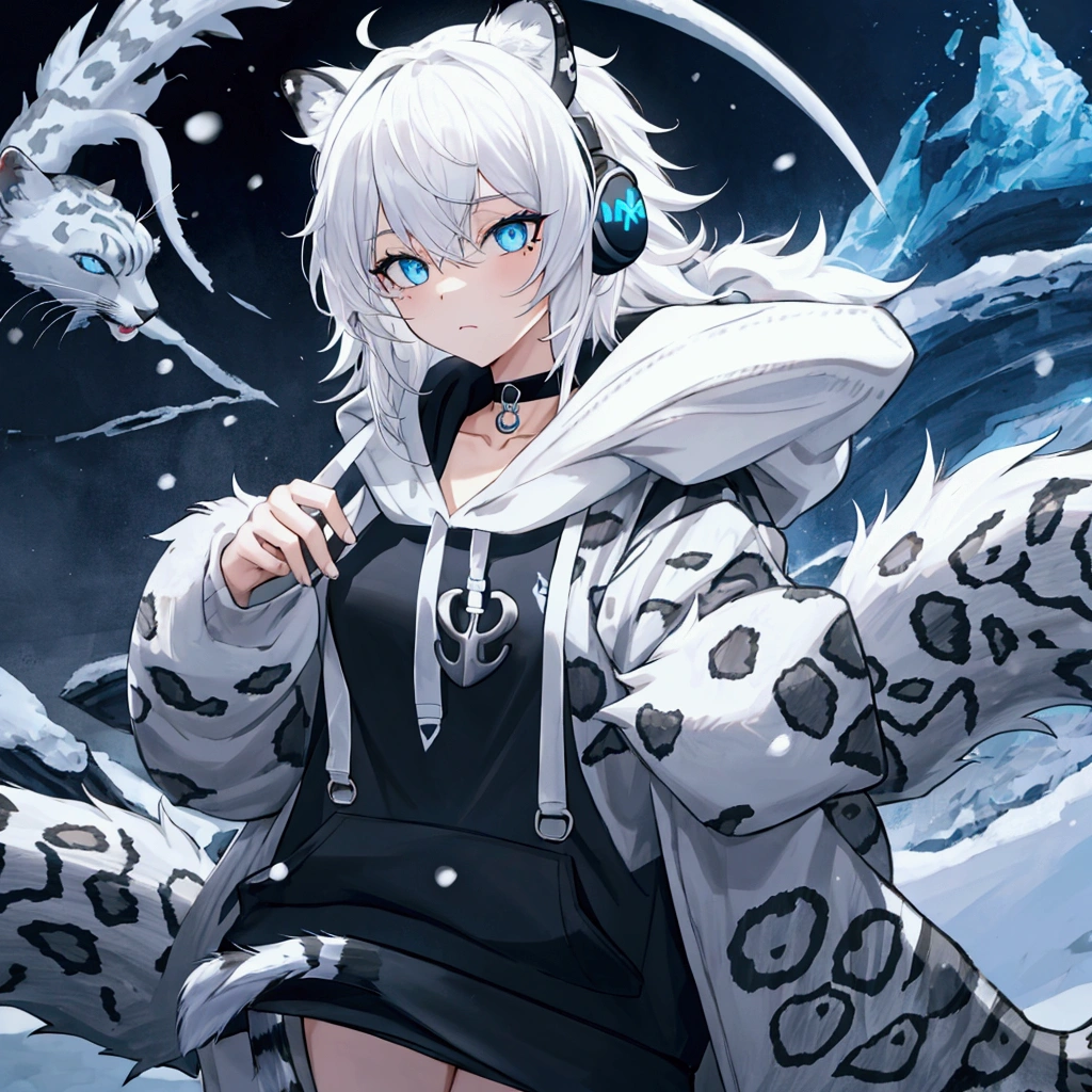 Woman, White Hair, Bangs, Messy Hair, Snow Leopard Ears, Snow Leopard Tail,Blue eyes, Slit Pupils, Mole Under Mouth, Anchor Choker, Headphones, Anatomically Correct, Accurate, Detail, HD, Hoodie,