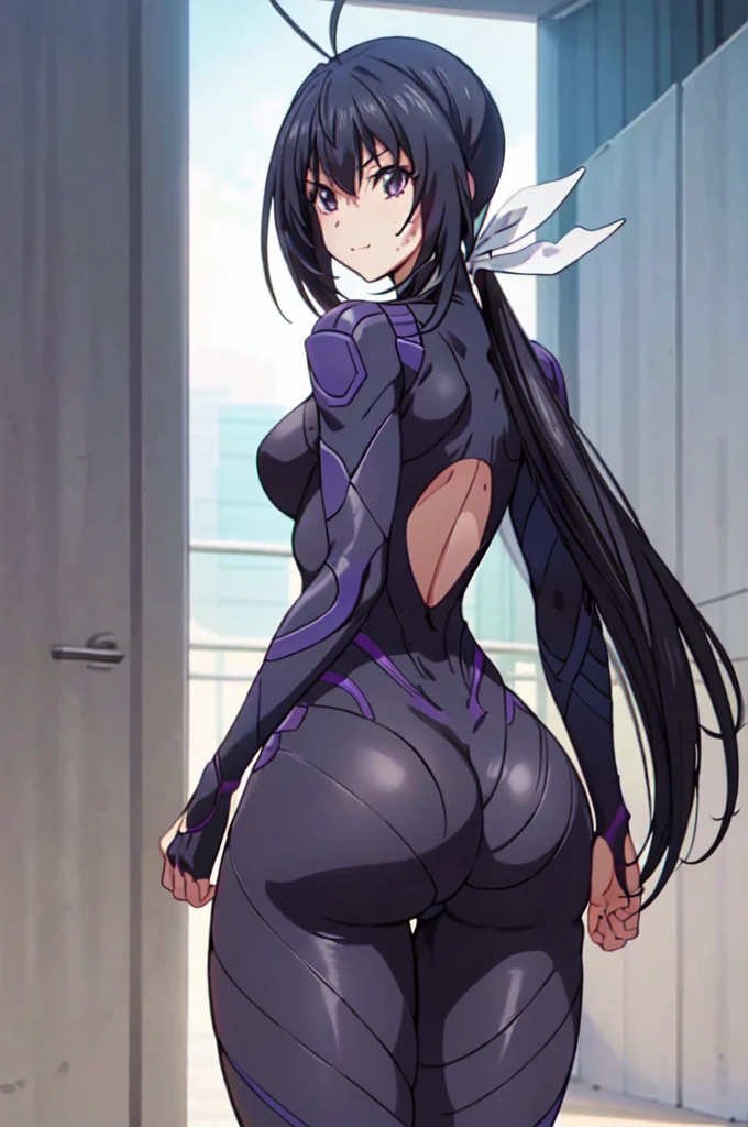 masterpiece, best quality, ultra-detailed, nsfw, 1girl, solo, nozomi kaminashi, sweat, looking at viewer, looking from behind, light smile, antenna hair, long hair, low ponytail, hair ribbon, white ribbon, bodysuit, navel cutout, ahoge, purple eyes, ass, ass focus, bending over, blush, clothed, cum on ass, cum on body cum on lower body cum on upper body, from behind from behind position, high resolution, leaning forward, legs, looking back, semen, thick ass, thighs, tight clothing, tight fit , girl pinned against wall, against wall, hand pushing against wall, outdoors, at night, night sky 