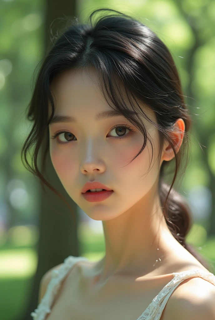 Sam Japanese girl model Pide hyperrealistic with beautiful face age 24 years . Taking selfie in the park

