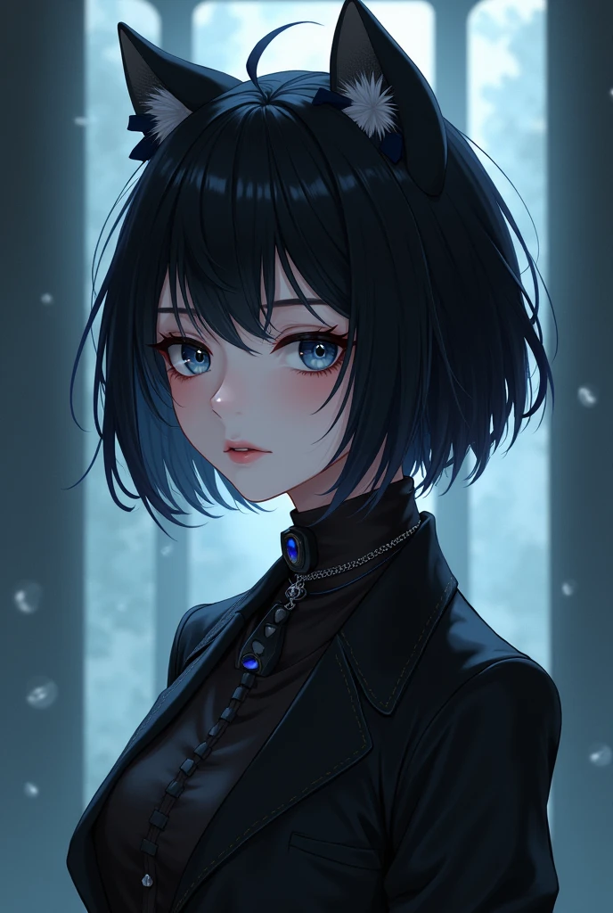 Anime style, best quality, black clothes, wolf cut black hair, white skin