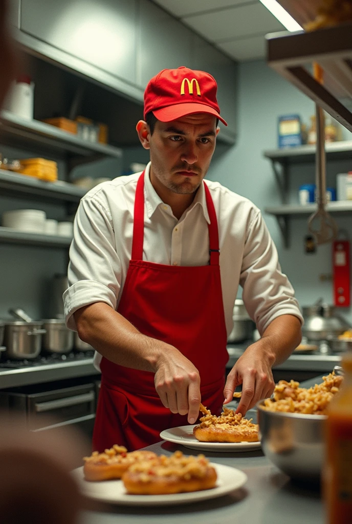 A McDonald's worker cooking, is not happy.