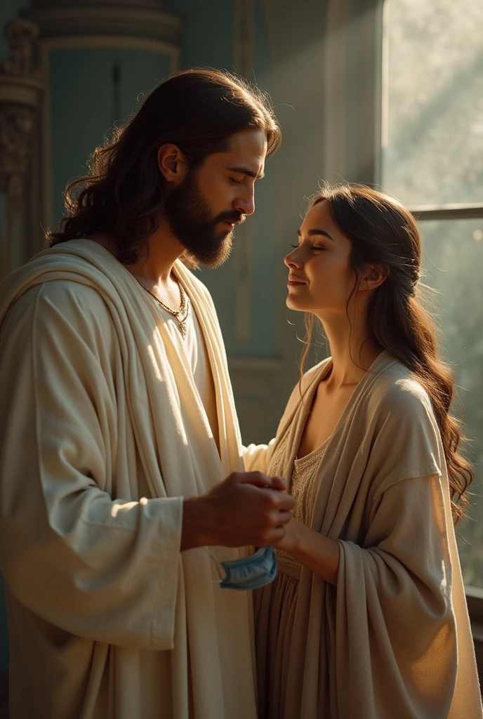 Jesus with a mask in his hand and a woman