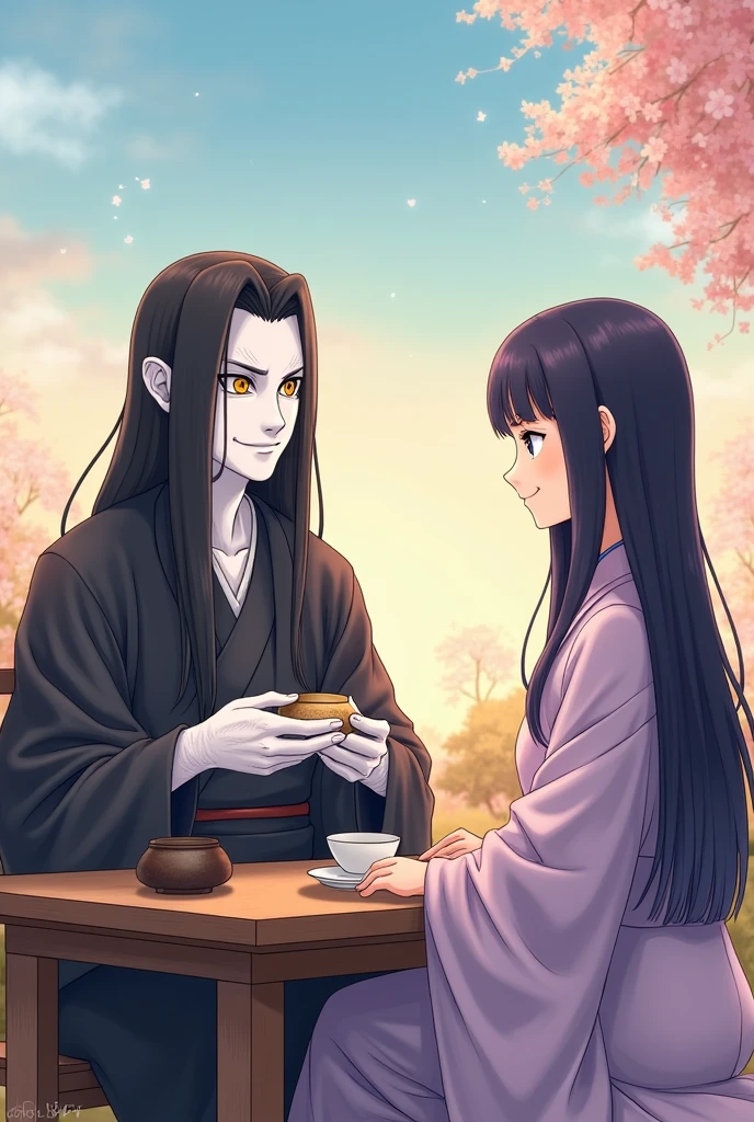Orochimaru and adult Hinata Hyuuga are sitting together at a traditional Japanese tea table, enjoying tea in a serene setting. Orochimaru has long, black hair, completely white skin with a scaly, snake-like texture, yellow eyes with bold purple eyeliner, and a calm, happy expression. He is dressed in his traditional outfit with long sleeves and is holding a tea cup. Hinata, with her long dark indigo hair and lavender eyes, wears a modern kimono in soft lavender and white tones, and smiles softly, radiating warmth. The background features a peaceful garden scene with a warm color palette of soft blues and oranges, with a gradient sky from light blue to deep orange. Delicate flowers in the background enhance the tranquil mood. The scene is illustrated with fine, delicate lines and soft colors, creating a light, airy feel and capturing the gentle, happy atmosphere of the moment