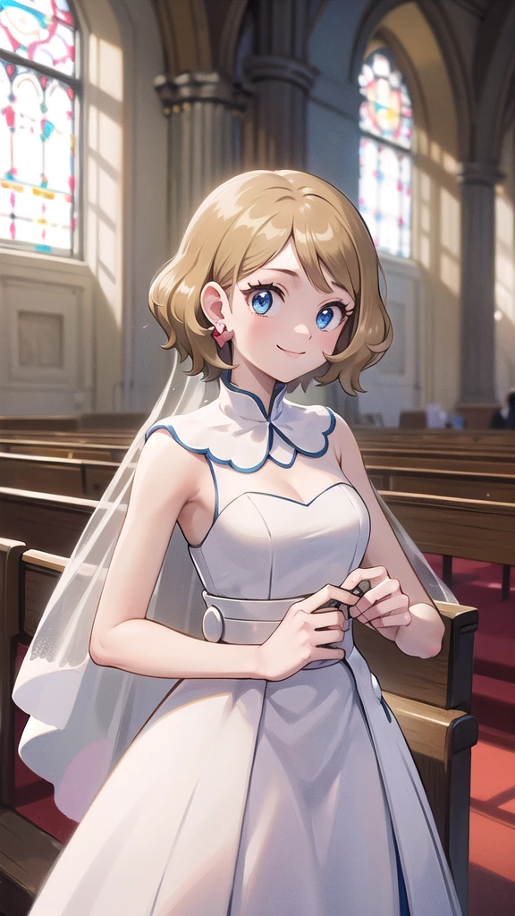 Masterpiece, perfect lighting, (beautiful, Best quality: 1.3), Perfect eyes, perfect anatomy, absurd, 8k, ccserena, solo, short hair, smile, in loved, earrings, eyelashes, blue eyes, wedding dress, in the church