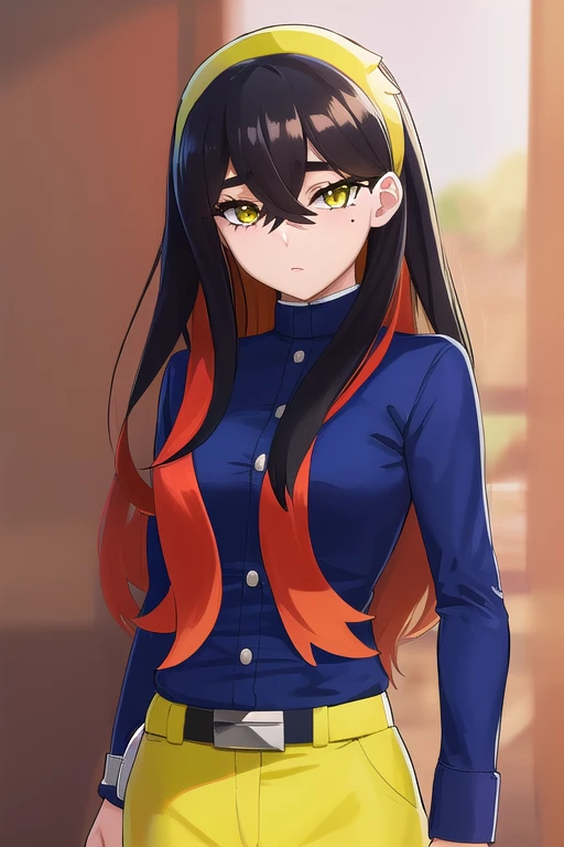 ultra-detailed,
master piece,best quality,high resolution,
beautiful eyes,detailed eyes,detailed face,
beautiful detailed eyes,symmetrical clear eyes,
1girl,pokemoncarmine, black hair, colored inner hair, crossed bangs, hair between eyes, hairband, long hair, mole, mole under eye, multicolored hair, red hair, sidelocks, two-tone hair, (yellow eyes:1.5), yellow hairband,
buttons, long sleeves, jacket, gloves, red gloves, pants, belt, blue pants, blue jacket,