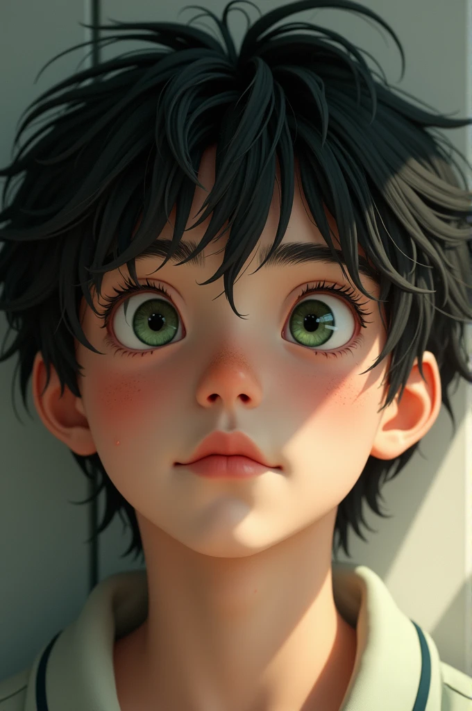 A young boy, adolescent, with black hair, greeneyes, fair skin and few freckles on the nose and cheeks