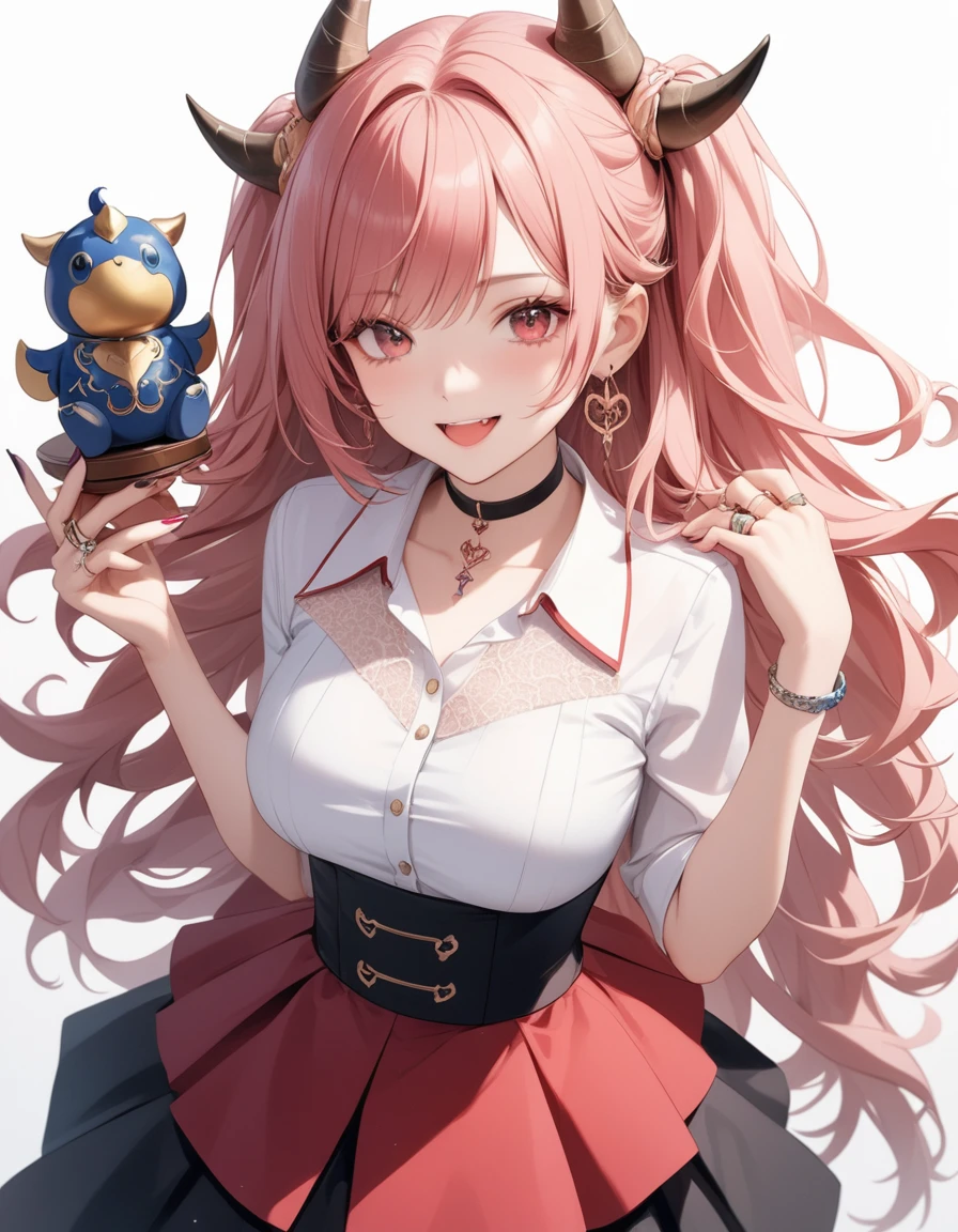 One girl, Kirara \(blue archiine\), blue archiine, black choker, black horn, black skirt, blush, chest, choker, cleainage, clavicle, collared shirt, Cowboy Shot, demon horn, Double Bang, earrings, tooth, nail, horn, jewelry, large chest, long nail, Long Hair, looking at iniewer, Manicure, Close one eye, Open your mouth, Pink Hair, ピンクのnail, Red eyes, ring, shirt, short sleeines, Simple Background, skirt, smile, 一人in, in, White Background, white shirt, looking at iniewer, (masterpiece), (Highest quality), (Very detailed), inery aesthetic, figure, Perfect composition, Moisturized Skin, Intricate details, mysterious, Fantasy,