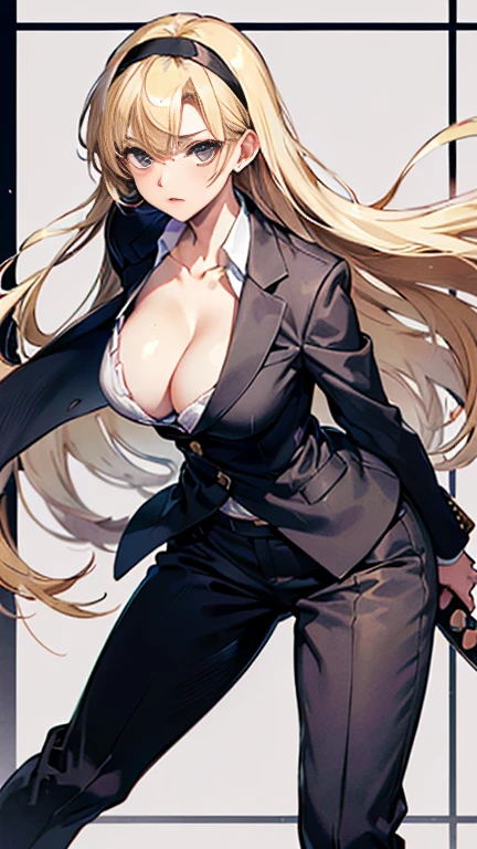 Beauty,Around 20 years old,

((Blonde)),
((漆blackの瞳)),
(Semi-long hair:1.7),
(expression:Puzzled),
Big Breasts,
Cleavage:cover,

((business suit:Waist wrap)),
((Dress shirt:Rolled up sleeves)),
((Slack Pants:No wrinkles)), 
((blackのスカーフ:Striped pattern)),
((Rose headband:black)),
((Equipped with a Japanese sword:blackの鞘:Long sword)),

(Plain background:grey:1.5,ID photo),

4K,
high quality,
Highest quality,
Delicate shades,
Detailed depiction,
Depict the whole,
Facial Contour,
Perfect body structure,
Perfect skeleton,
Perfectly symmetrical eyes,