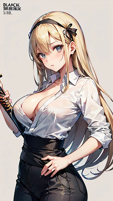 Beauty,Around 20 years old,
((Blonde)),
((漆blackの瞳)),
(Semi-long hair:1.7),
(expression:Puzzled),
Big Breasts,
Cleavage:cover,
((business suit:Waist wrap)),
((Dress shirt:Rolled up sleeves)),
((Slack Pants:No wrinkles)),
((blackのスカーフ:Striped pattern)),
((Rose headband:black)),
((Equipped with a Japanese sword:blackの鞘:Long sword)),
(Plain background:grey:1.5,ID photo),
4K,
high quality,
Highest quality,
Delicate shades,
Detailed depiction,
Depict the whole,
Facial Contour,
Perfect body structure,
Perfect skeleton,
Perfectly symmetrical eyes,