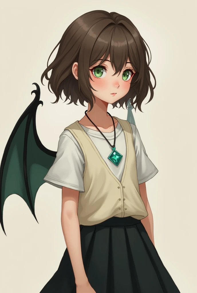 a drawing of a fair-skinned girl with short brown hair, green eyes, a black dragon wing and a necklace with a cyan stone wearing a white school vest and a black pixie-style skirt