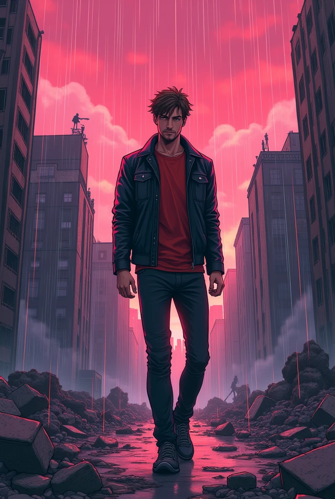 Anime art, man in a destroyed city with rain and pink sky, wearing a black leather jacket and a red shirt underneath with black jeans, brown hair and some facial hair