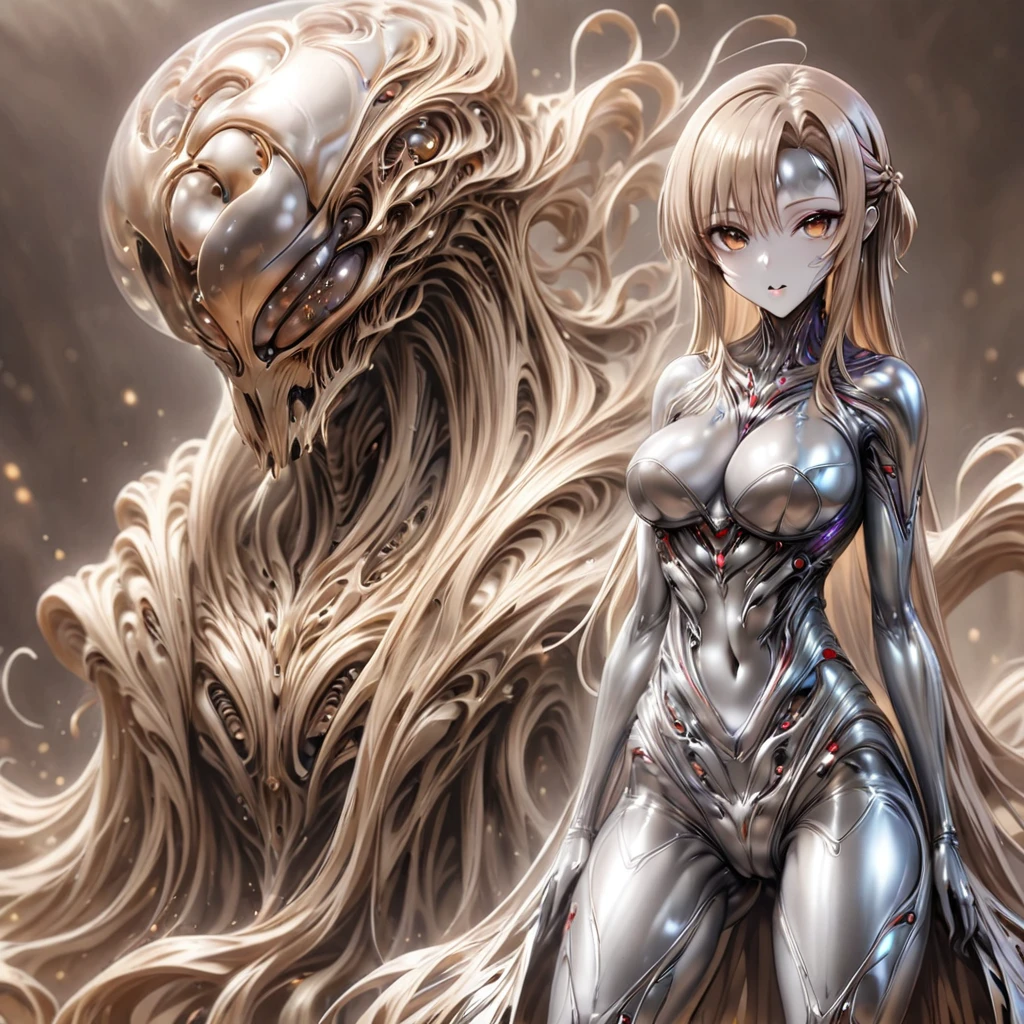 ((Highest quality)), ((masterpiece)), (detailed), (Perfect Face)、The woman is Yuuki Asuna, with metallic silver skin and medium-long silver hair.、The woman is a metallic lifeform made entirely of metal.