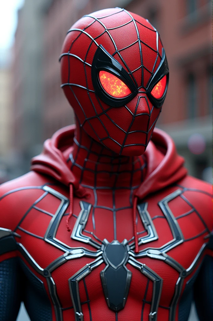 creates a spider-man with a technological suit of scarlet and silver colors, he also wears a sleeveless red leather jacket, also the lenses of his mask shine a crimson red, the spider on his chest is occupied on the left, his mask is also made of silver color, the gloves of his suit leave the view of his fingers uncovered and around his ear there are rays of color that surround him