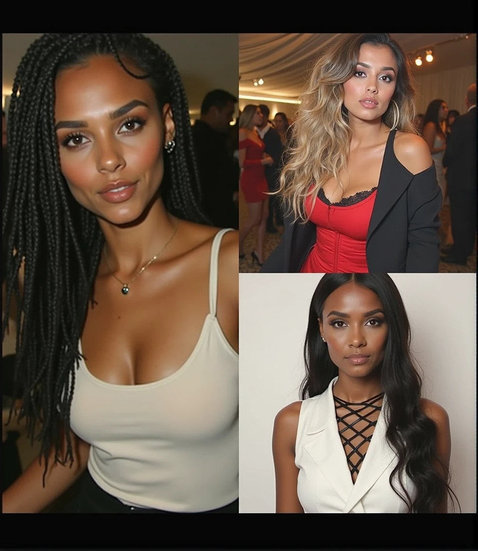 Here is a detailed description for the image: Three women are in the spotlight, similar in appearance to the photos you provided. They are at a party with a predominantly black and red background., with subtle lighting to highlight the sophisticated nocturnal atmosphere. Ao fundo, there are other people visible, but blurred, to keep the main focus on the three women. 1. The first woman, with dark skin and braided hair that falls to the side, wears a stylish top and a high-waisted skirt, in dark tones. 2. The second woman, with fair skin and curly blonde hair, wears a red dress with a black jacket 3. The third woman, with olive skin and straight, dark brown hair, wears a black corset, combined with a long skirt or pants that brings a touch of elegance. They all have dark brown eyes, long hair and a delicate face, Soft, all three are 20 year olds. The scenery in the background suggests a sophisticated party, with diffused lights and an elegant atmosphere, where red and black tones predominate in the decoration.