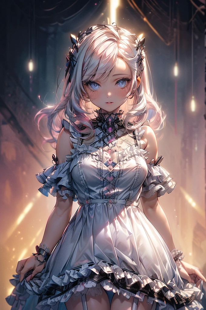 Raw photo, masterpiece, best quality, ultra-detailed, high resolution, extremely detailed CG, unity 8k wallpaper, official art, production art, novel illustration, caustics, textile shading, super detailed skin, perfect anatomy, detailed, cinematic lighting, dynamic lighting, young adult woman, 21 years old, beautiful detailed eyes, (shiny alabaster skin), sexy smile,(nsfw:0.7), (Frilly Baby Doll Dress:1.5), (DD breasts), large buttocks, blonde, garter belt, Pretty starry pupiled eyes, long lashes, eye shadow, eyeliner, detailed eyes, beautiful eyes, full pink lips, short height(160cm), Two toned hairstyle(Astral colored hair) behind viewer, back shot, hips focus,