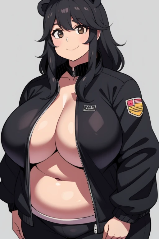 Plump year 21 big breasts black hair brown eyes chubby smile bear girl black jacket night