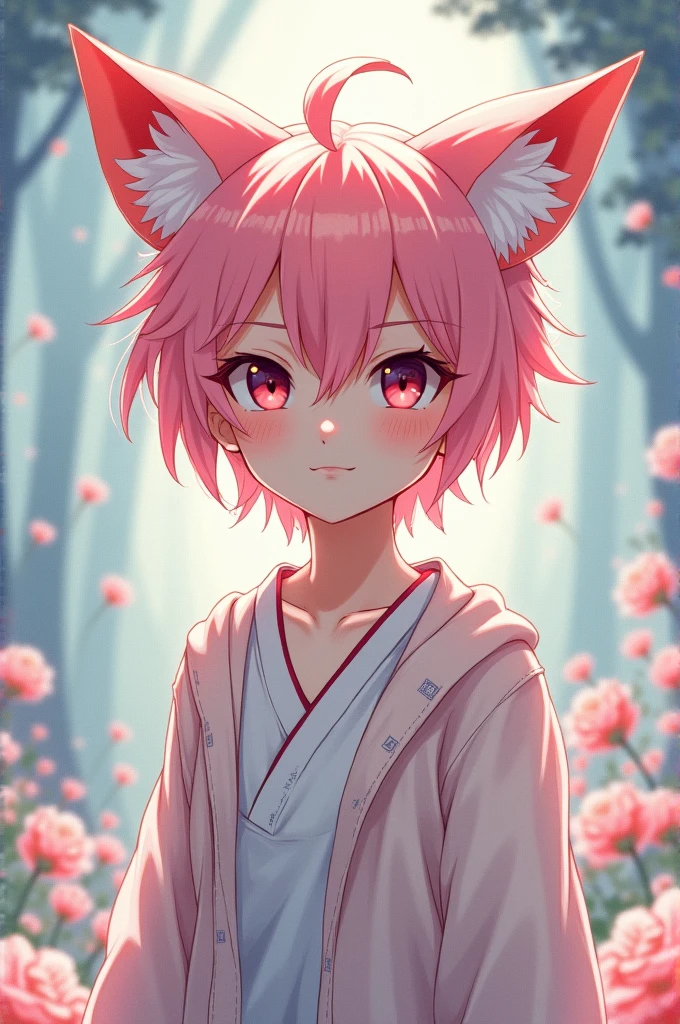 Anime style femboy boy, with fox ears and pink hair