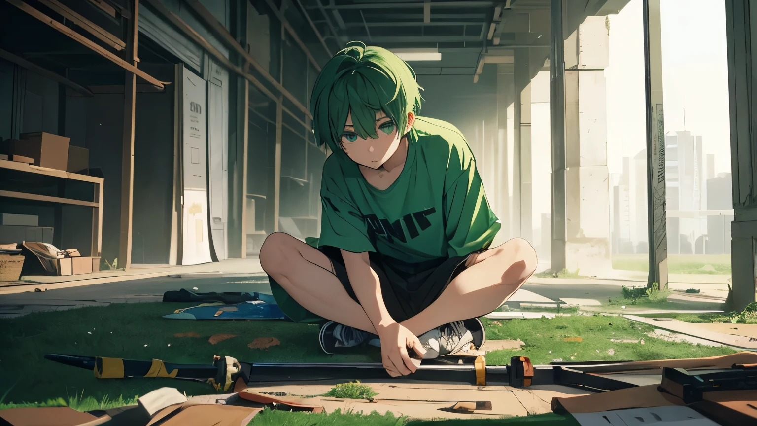 alone, Look to the right, full body , short hair, shirt, green hair, green eyes, 1 boy, dead, focus man