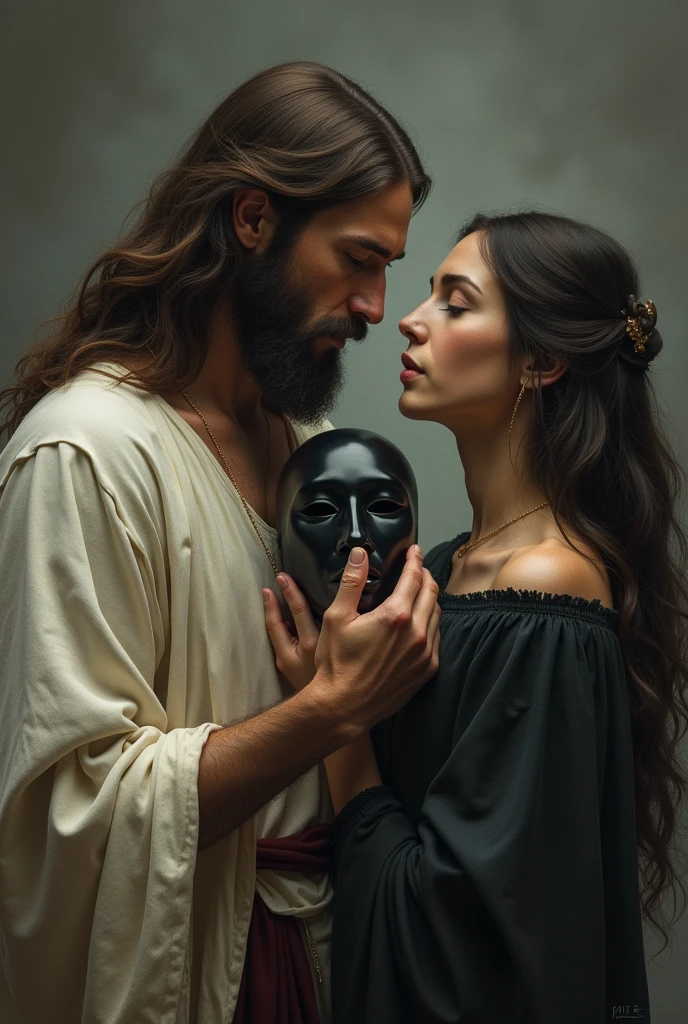 Jesus with a black mask in his hand and a woman