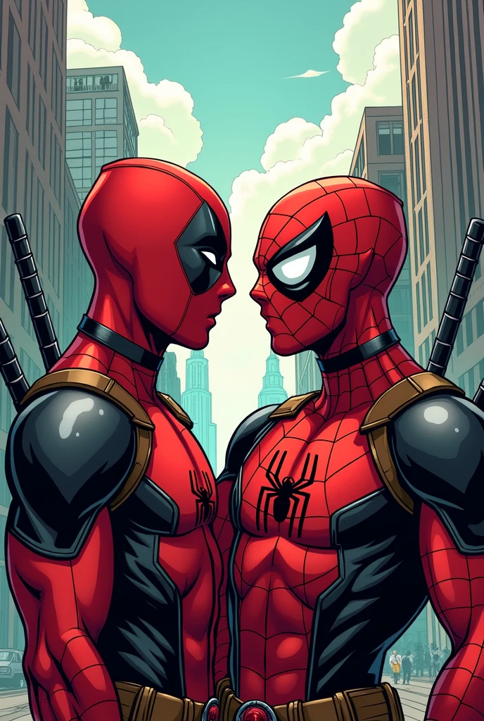 Marvel panel comic drawing, Deadpool in love with Spiderman