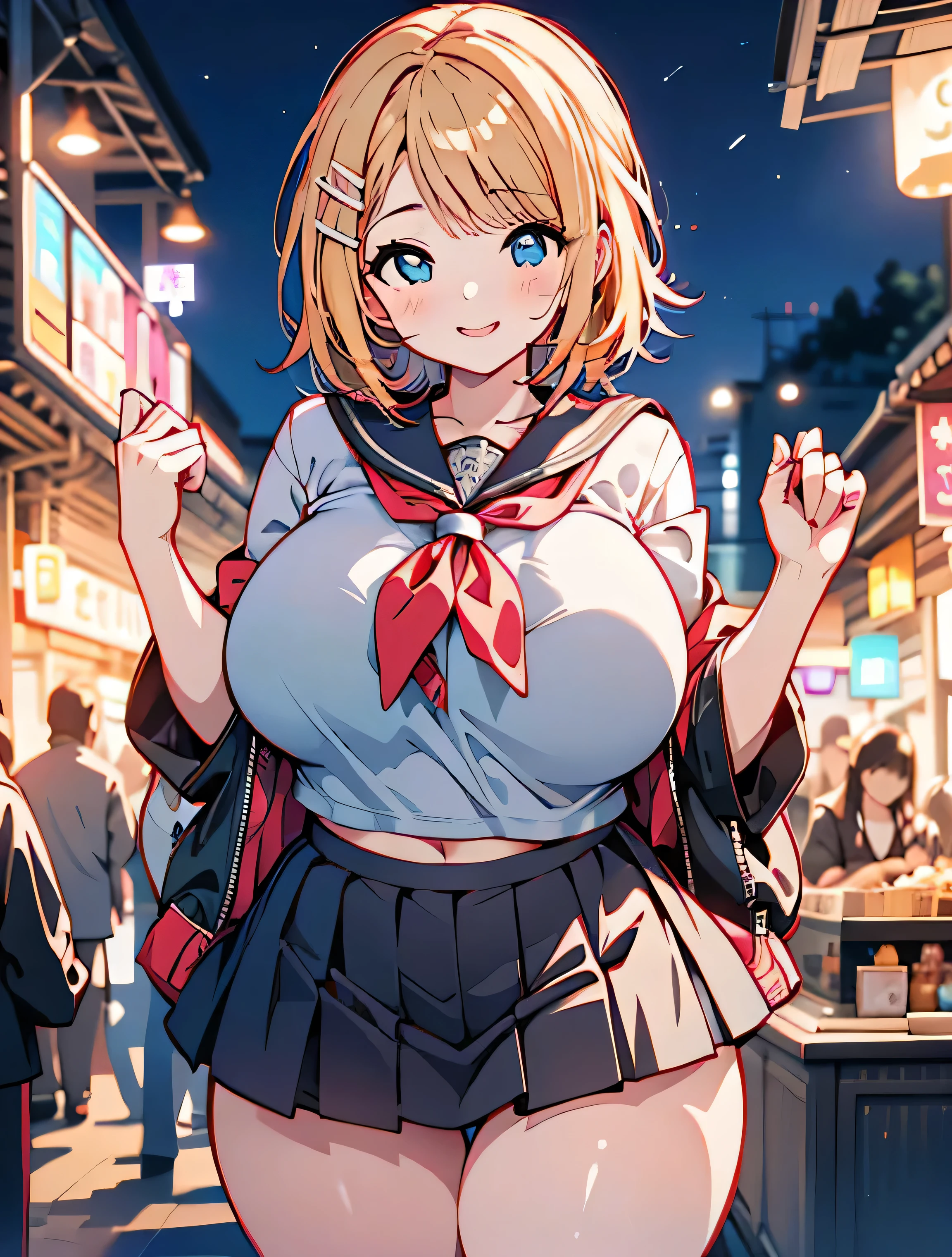Erotic Anime Illustration、High resolution、Voluptuous schoolgirl seduces at a night market、lovelive、Beautiful Eyes、Kagamine Rin、Sailor suit、Pleated skirt、Ecstatic expression、Overwhelmingly huge breasts that go beyond common sense、Fatty thick legs、Perfect Proportions