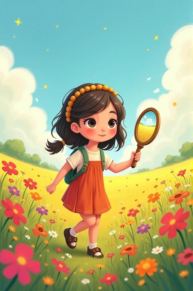Cartoon style drawing of a walking across a vast field of common flowers, looking for any sign of the special flower. She holds a small mirror that reflects the sun's rays, hoping to catch some familiar sparkle.