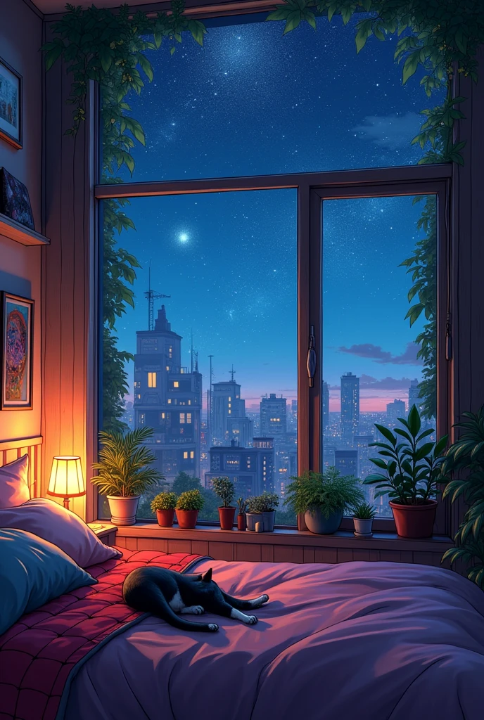 room with a view of the stars, with projector facing the wall, spiderman's bed, the walls painted with anime, and the roof with many plants, AXOLOTS IN BED and a black and white cat