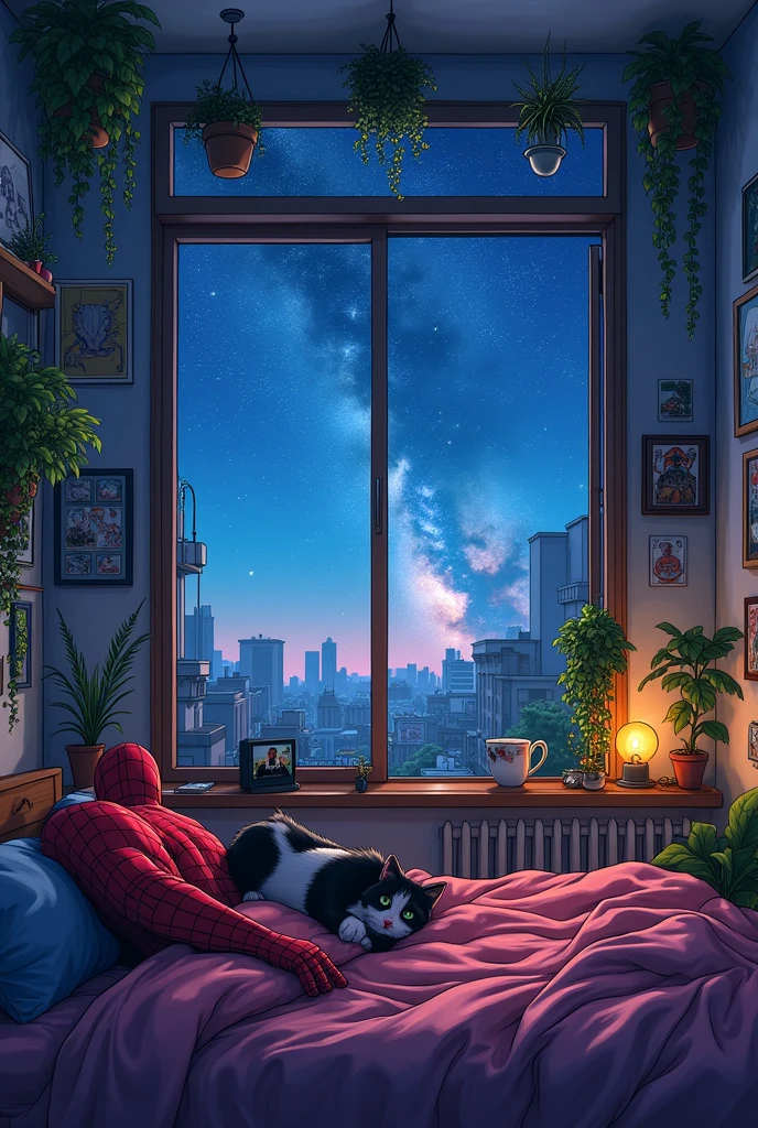 room with a view of the stars, with projector facing the wall, spiderman's bed, the walls painted with anime, and the roof with many plants, AXOLOTS IN BED and a black and white cat
