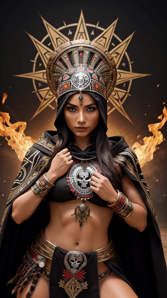 Beautiful Aztec goddess of death Aztec Beautiful In battle pose With hood and cape With headdress and skull breastplate