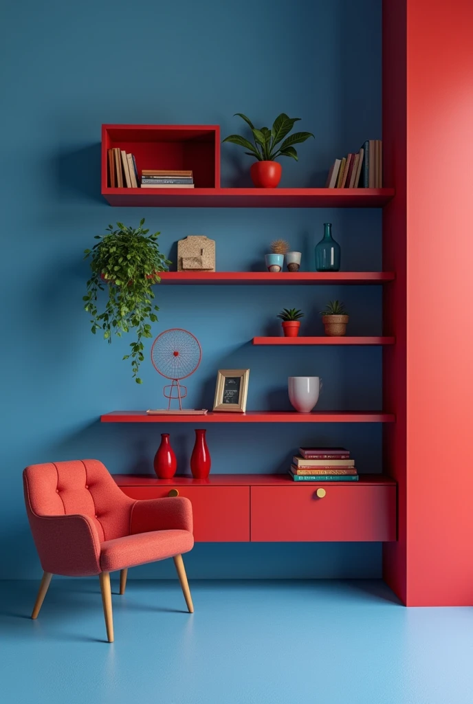 instagram backdrop,for an English teacher with a happy temper, moderno, creative, stark. Use shelves with a blue and red color palette.