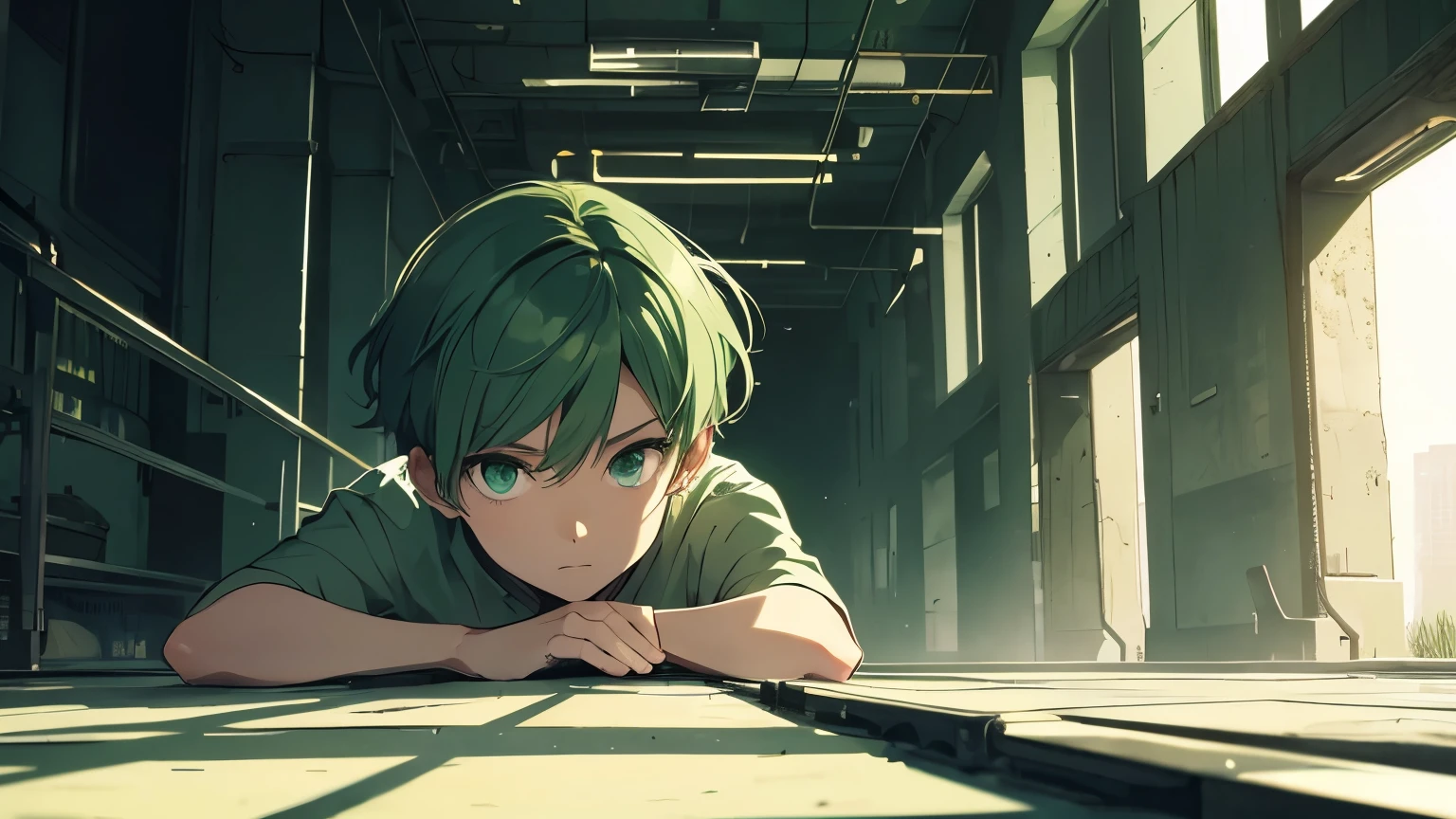 alone, Look to the right, full body , short hair, shirt, green hair, green eyes, 1 boy, Dying, focus man