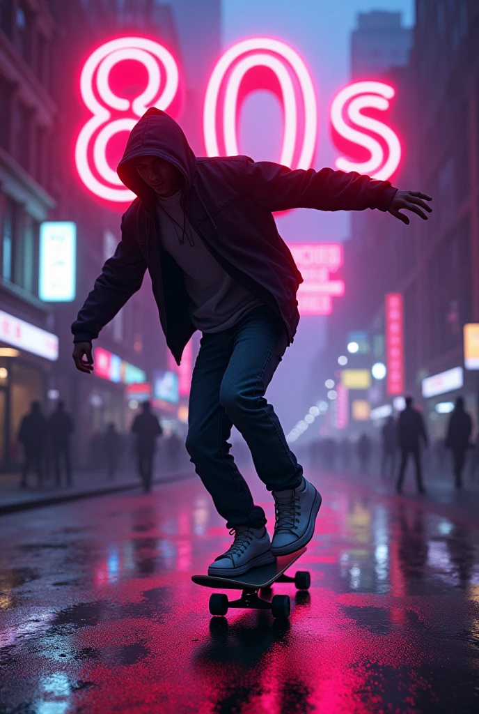 Male human figure as if it were a shadow skating on a skateboard in New York 1985 with a background of 80s vaporwaves and that says 80s above