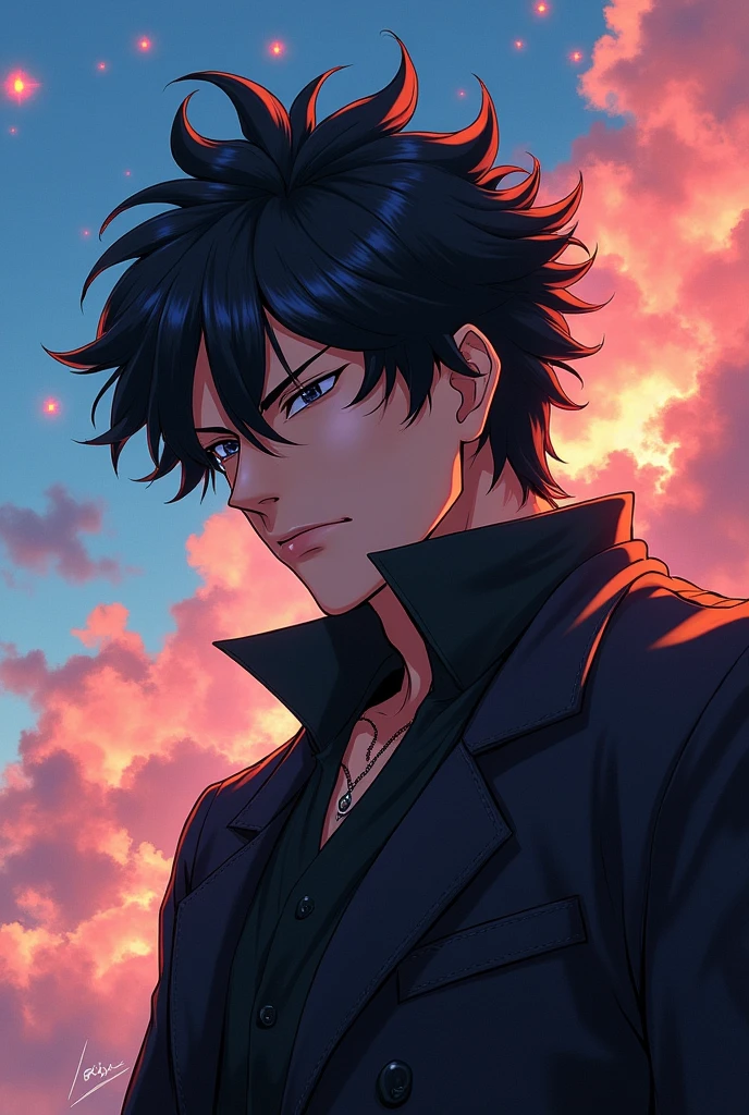 Tall dark-haired man with black and wavy anime hair