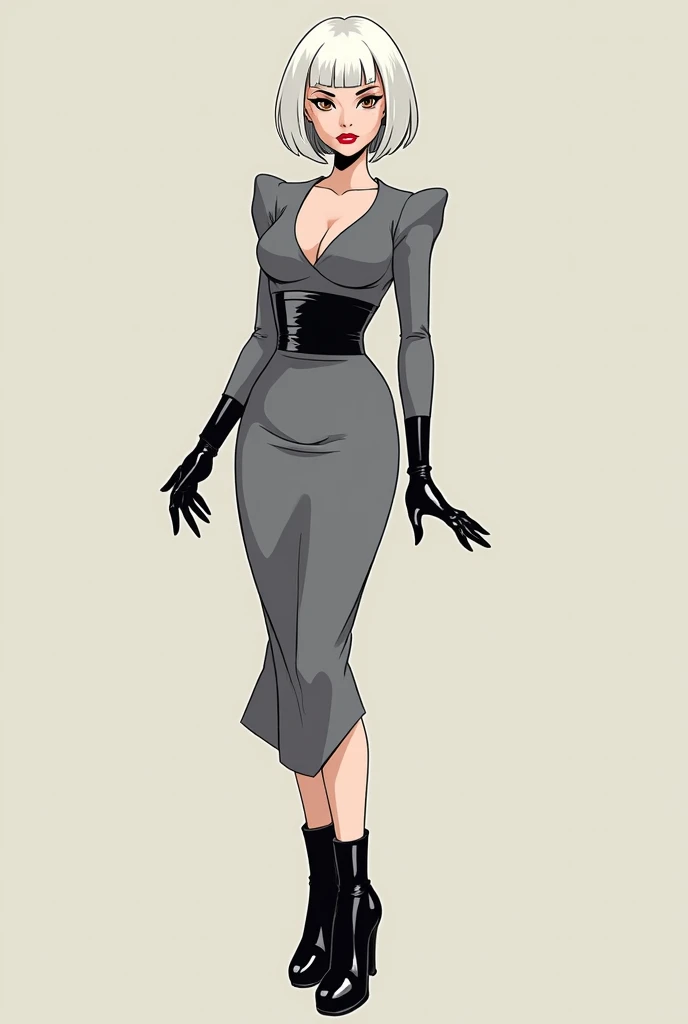 Barbie style CARTOON sexy intimidating look short white hair brown eyes white skin and a long sleeved gray dress, with a black sash and black boots