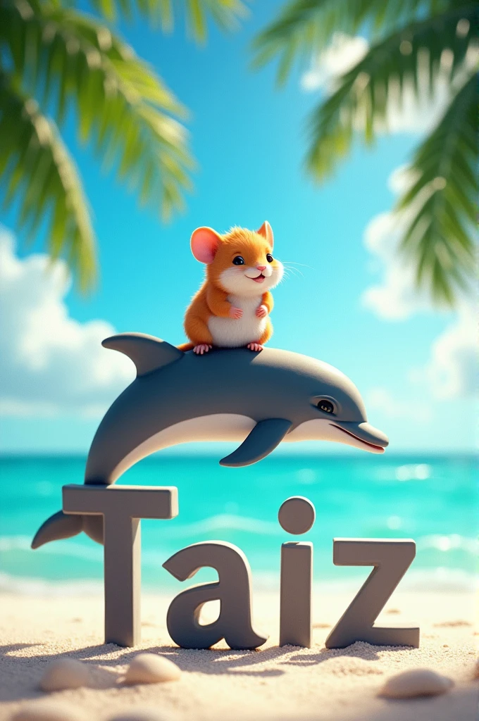 Make the name Meiry Taiz with the background of a beach with crystal clear waters and a hamster on top of a diving dolphin