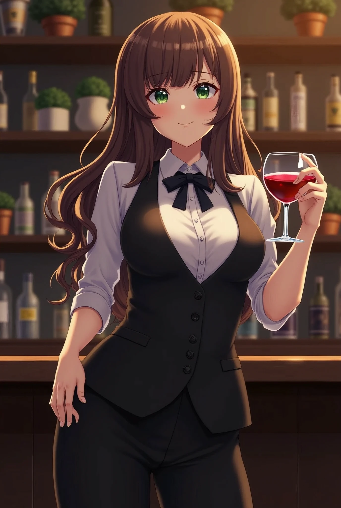 (masterpiece), 1girl, solo, adult female, perfect adult female body, (sexy and seductive pose:1.3) BREAK bar interior at night, countertop, plants on shelf BREAK EPsmSailorMercury, long wavy hair, brown hair, green eyes, smiling mouth closed BREAK black waist coat, black bow BREAK Black business pants