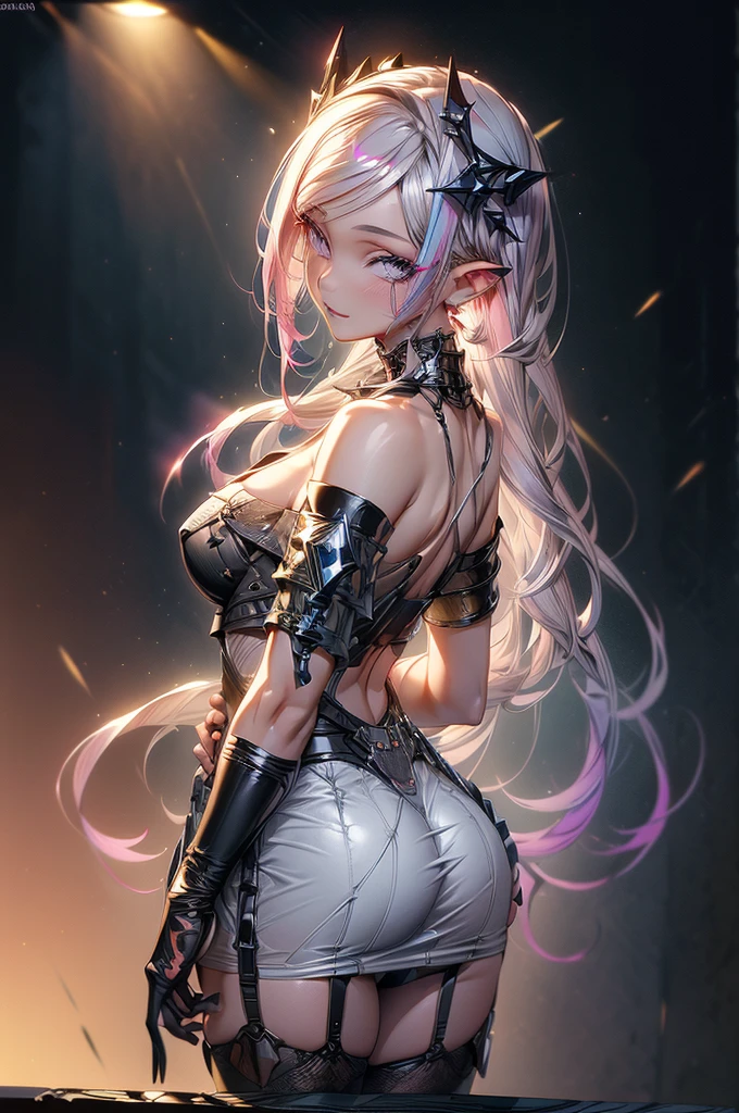 Raw photo, masterpiece, best quality, ultra-detailed, high resolution, extremely detailed CG, unity 8k wallpaper, official art, production art, novel illustration, caustics, textile shading, super detailed skin, perfect anatomy, detailed, cinematic lighting, dynamic lighting, young adult woman, 21 years old, beautiful detailed eyes, (shiny alabaster skin), sexy smile,(nsfw:0.7), (Militaristic Casual Outfit:1.5), (DD breasts), large buttocks, blonde, garter belt, Pretty starry pupiled eyes, long lashes, eye shadow, eyeliner, detailed eyes, beautiful eyes, full pink lips, short height(160cm), Two toned hairstyle(Astral colored hair) behind viewer, back shot, hips focus,