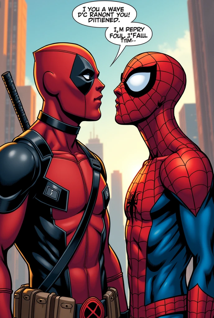 Marvel panel comic drawing, Deadpool in love with Spiderman 