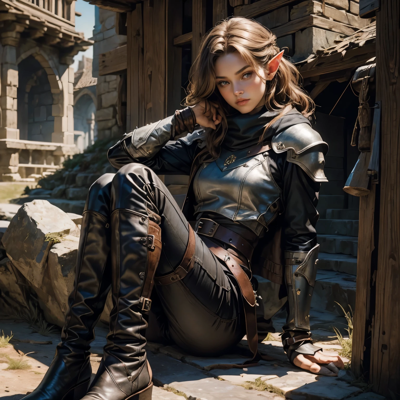 ((Medieval fantasy setting)). Tags: super detail, high details, high quality, best quality, highres, 4K, portret, detailed face, face fix, 1girl 
"Echo is a 22-year-old half-elf. She has light brown skin. Thick light chestnut hair with caramel highlights and soft waves. Brown eyes with green hues. Her beautiful face is oval with soft features and pronounced cheekbones. She has full and attractive lips with a natural blush. A slight scar over her right eyebrow. Her ears are small like a human's but pointed like an elf's. Her physique is athletic and slim, she toned and flexible. She has a round and elastic body shapes."
Clothing. Jacket: Dark maroon leather jacket, waist length, with a deep hood that can hide the face. Inserts made of durable fabric on the elbows and shoulders provide protection against impacts without restricting movement. The jacket has many internal pockets for storing small items.
Pants: Dark gray fabric pants with leather inserts on the knees and hips. The pants have a narrow cut, but do not restrict movement. There are several hidden pockets for storing small items or weapons.
Bracers: Dark brown leather bracers protect the forearm from blows, but do not restrict the mobility of the hands. They have additional fasteners to fit snugly against the skin.
Boots: Dark gray leather boots, just below the knee, with soft soles. Inside there are hidden compartments for small items such as throwing knives or amulets.
Background: Fantasy Middle Ages, shopping area of ​​a big city.