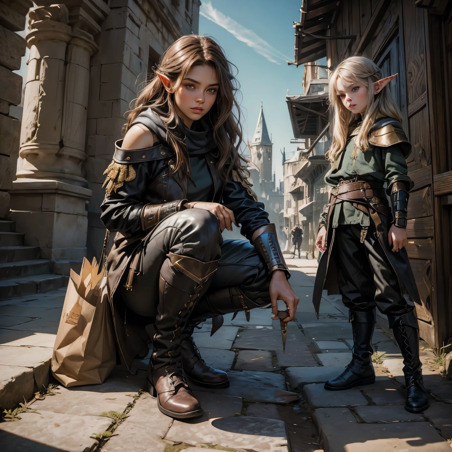 ((Medieval fantasy setting)). Tags: super detail, high details, high quality, best quality, highres, 4K, portret, detailed face, face fix, 1girl 
"Echo is a 22-year-old half-elf. She has light brown skin. Thick light chestnut hair with caramel highlights and soft waves. Brown eyes with green hues. Her beautiful face is oval with soft features and pronounced cheekbones. She has full and attractive lips with a natural blush. A slight scar over her right eyebrow. Her ears are small like a human's but pointed like an elf's. Her physique is athletic and slim, she toned and flexible. She has a round and elastic body shapes."
Clothing. Jacket: Dark maroon leather jacket, waist length, with a deep hood that can hide the face. Inserts made of durable fabric on the elbows and shoulders provide protection against impacts without restricting movement. The jacket has many internal pockets for storing small items.
Pants: Dark gray fabric pants with leather inserts on the knees and hips. The pants have a narrow cut, but do not restrict movement. There are several hidden pockets for storing small items or weapons.
Bracers: Dark brown leather bracers protect the forearm from blows, but do not restrict the mobility of the hands. They have additional fasteners to fit snugly against the skin.
Boots: Dark gray leather boots, just below the knee, with soft soles. Inside there are hidden compartments for small items such as throwing knives or amulets.
Background: Fantasy Middle Ages, shopping area of ​​a big city.