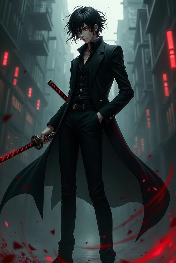 An anime character who has Dazai-style hair with a black suit, black pants, black shoes, red eyes, and a black and red katana.