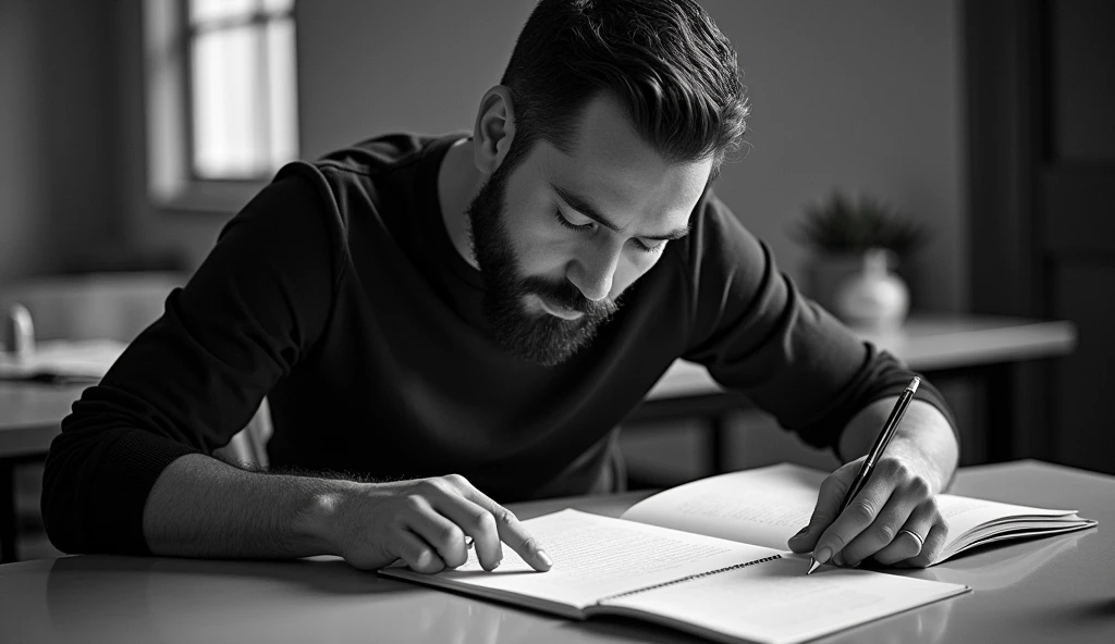 Martin Lutero writing a book in black and white