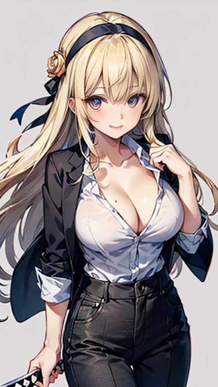 Beauty,Around 20 years old,
((Blonde)),
((漆blackの瞳)),
(Semi-long hair:1.7),
(expression:smile),
Big Breasts,
Cleavage:cover,
((business suit:Waist wrap)),
((Dress shirt:Rolled up sleeves)),
((Slack Pants:No wrinkles)),
((blackのスカーフ:Striped pattern)),
((Rose headband:black)),
((Equipped with a Japanese sword:blackの鞘:Long sword)),
(Plain background:grey:1.5,ID photo),
4K,
high quality,
Highest quality,
Delicate shades,
Detailed depiction,
Depict the whole,
Facial Contour,
Perfect body structure,
Perfect skeleton,
Perfectly symmetrical eyes,
