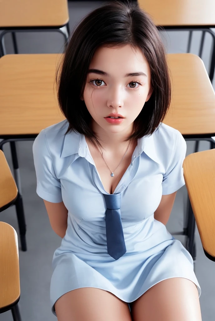 middle School girls、One person、Japanese、Black Haired Beautiful Girl、Bobcut、Baby Face、Naughty lips、Short-sleeved uniform、Blouse with white collar、Loosened tie、Collarbone in full view、A little bit of cleavage is visible、Light blue skirt、Sexy thighs、Inner thighs、Hide your arms behind your back、Slender body、Drenched in sweat、Looking up、Sit on a chair、classroom、Watching from above