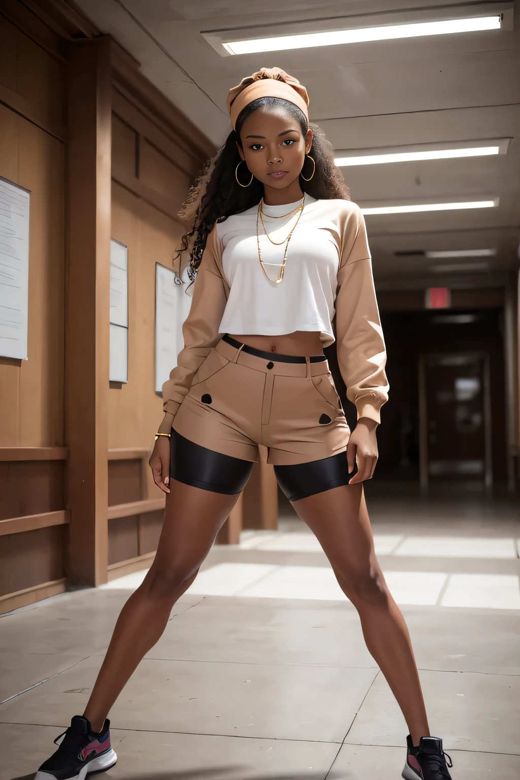 work of art, high qualiy, high resolution, volumetric lighting, underground dispersal, 8k, beautfull woman, (wide stance:1.4), (emphasis on legs), darkskin, Filipino, college student, 's uniform, (longsleeve), ((neckleace)), ((camel toe)), (cotton shorts), Wavy hair, headband, hoop earings, class room, pose sexy, seductively pose