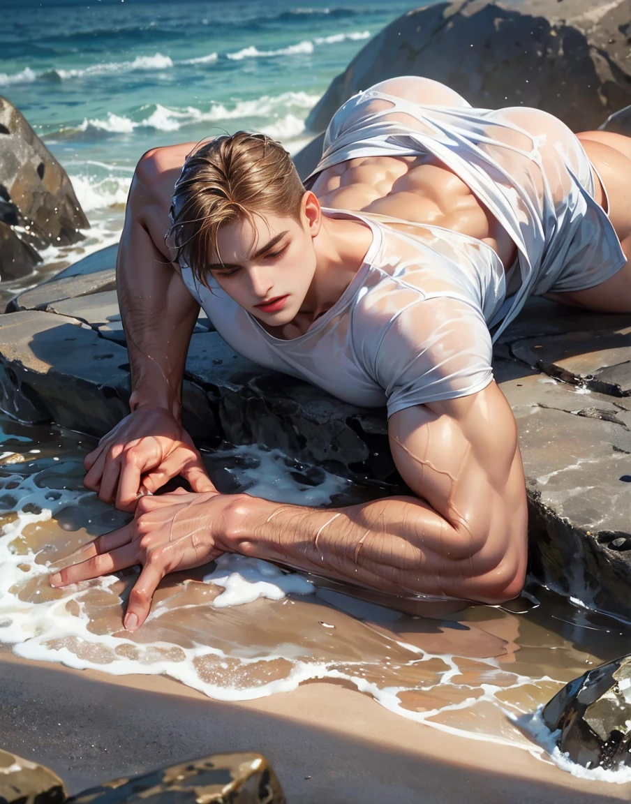 A handsome 20 years old man, muscular and slim, model , washed ashore unconcious, found lying down on the seashore unconcious, eyes are closed,red lips, suffering in pain, with bruises and wounds, sexy and toned body, wet ripped shirt, exposed perfect shaped penis, full body, naked lower body, no underwear,