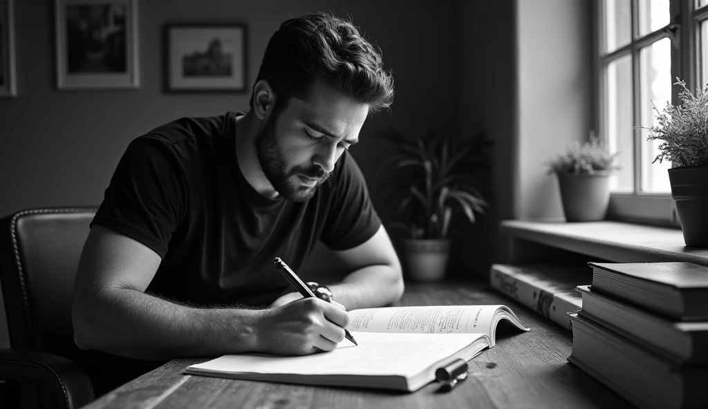Martin Lutero writing a book in black and white