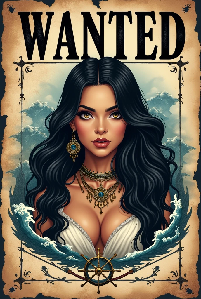 Make a wanted poster for a female pirate captain, black haired with a big reward